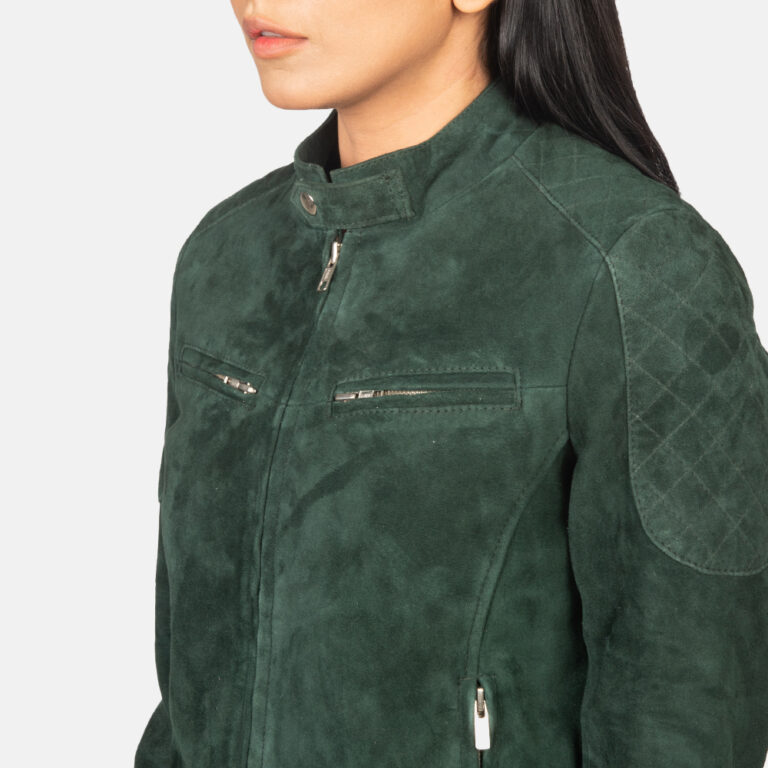 Womens Zenna Green Suede Bomber Jacket Close-Up-9-1652192922296